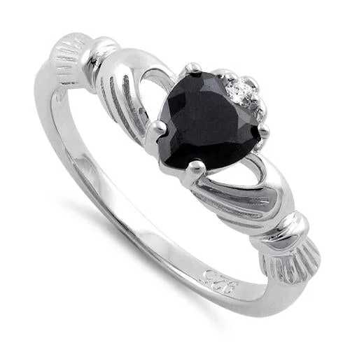 Rings With Wild Designs-Sterling Silver Claddagh Black CZ Ring