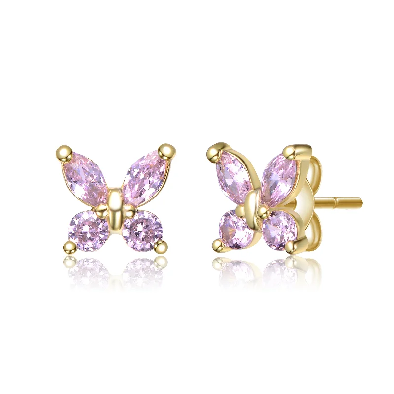 Earrings With Strong Clasps-Sterling Silver 14k Gold Plated Marquise Cubic Zirconia Flower Butterfly Stud Earrings