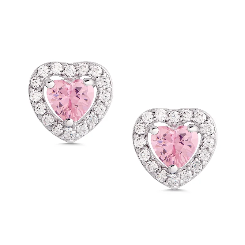 Earrings For Heart Shapes-Pink & White CZ Heart Halo Stud Earrings in Sterling Silver