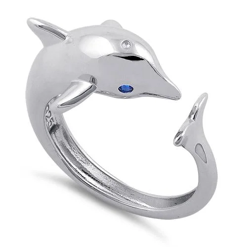 Rings Sound Guide-Sterling Silver Dolphin Blue CZ Ring