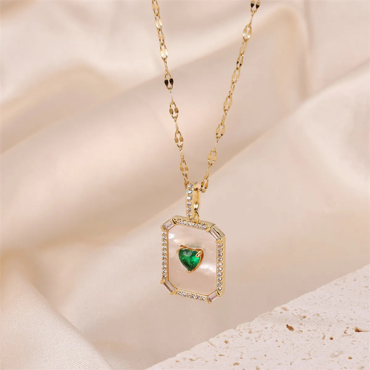 Necklaces With Short Chains-Stainless Steel Titanium Steel Elegant Simple Style Heart Shape Rectangle Plating Inlay Natural Stone Shell Zircon Pendant Necklace