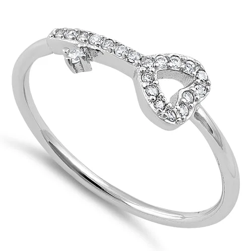 Rings For Edgy Style-Sterling Silver Heart Key CZ Ring