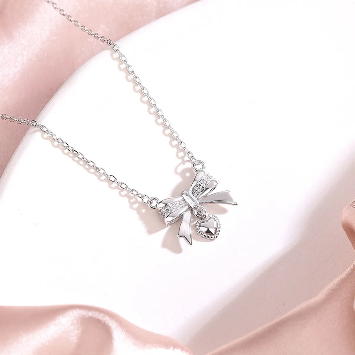 Super Slim Necklaces-Sterling Silver Lady Heart Shape Bow Knot Pendant Necklace