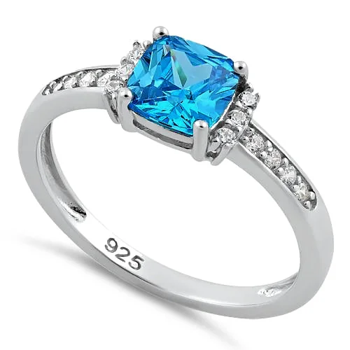 Rings For Minimalist Taste-Sterling Silver Cushion Blue Topaz CZ Ring