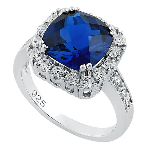 Rings Feel Guide-Sterling Silver Deep Blue Sapphire Cushion CZ Ring