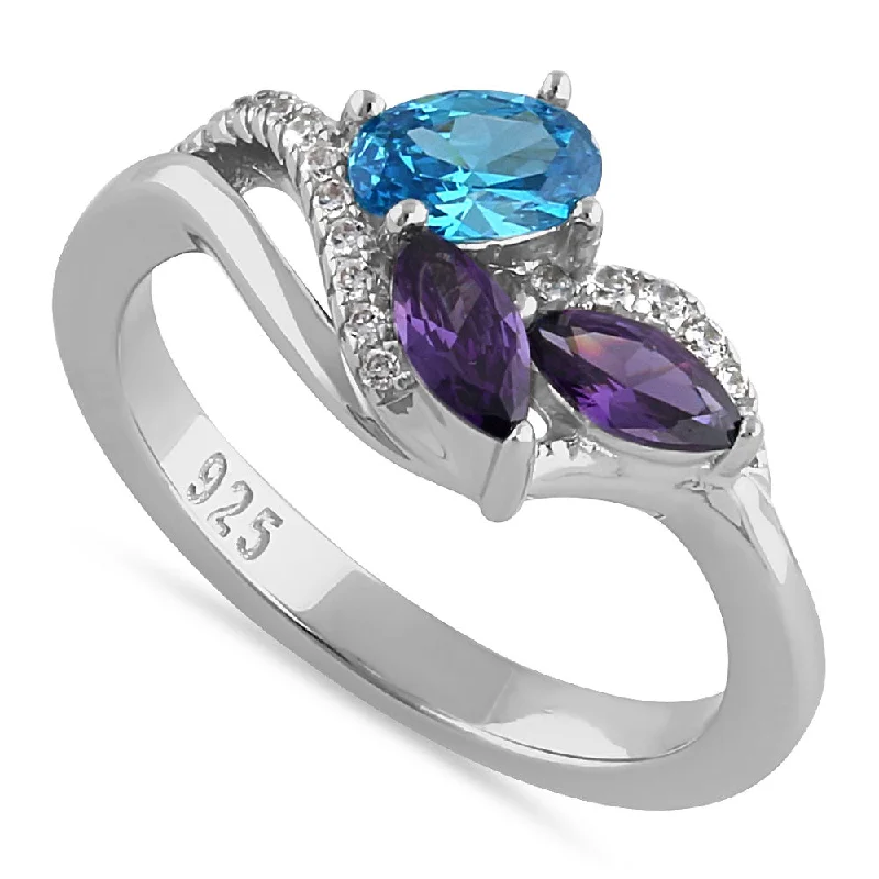 Rings For Cool Hues-Sterling Silver Blue Topaz Oval Amethyst Marquise CZ Ring