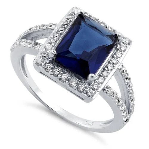 Best Value Rings-Sterling Silver Blue Sapphire Rectangular Halo CZ Ring