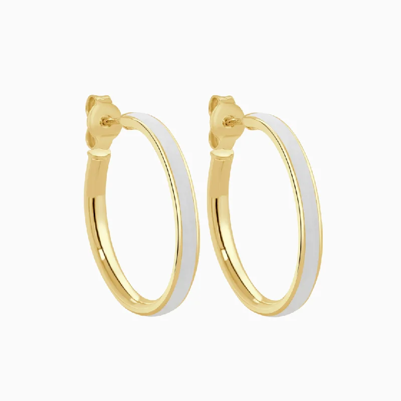 Earrings For Big Ears-Gold & White Enamel Open Hoops