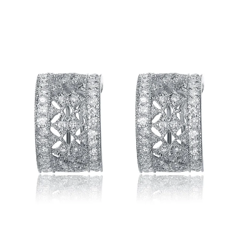 Earrings With Steady Fit-Sterling Silver Clear Cubic Zirconia Intricate Earrings