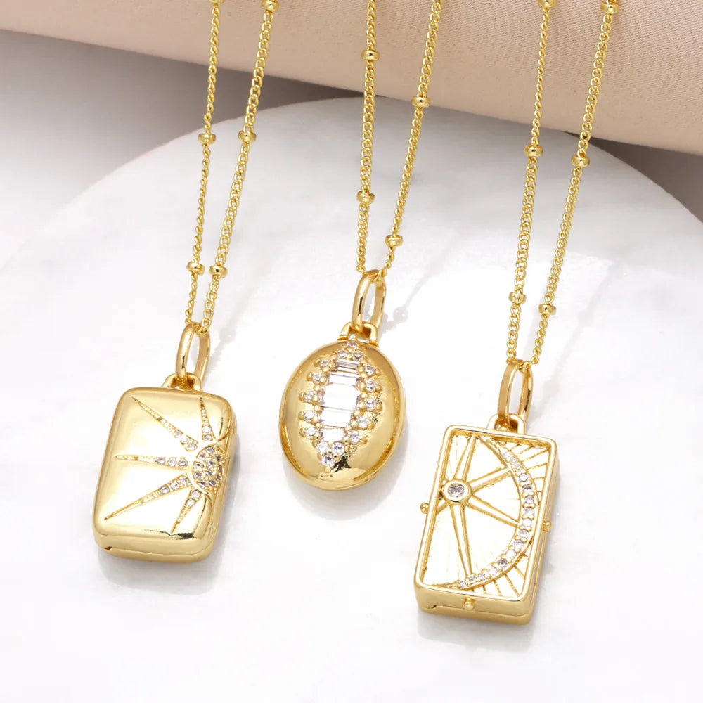 Necklaces For Daily Wear-201 Stainless Steel Copper 18K Gold Plated Inlay Sun Shell Zircon Pendant Necklace