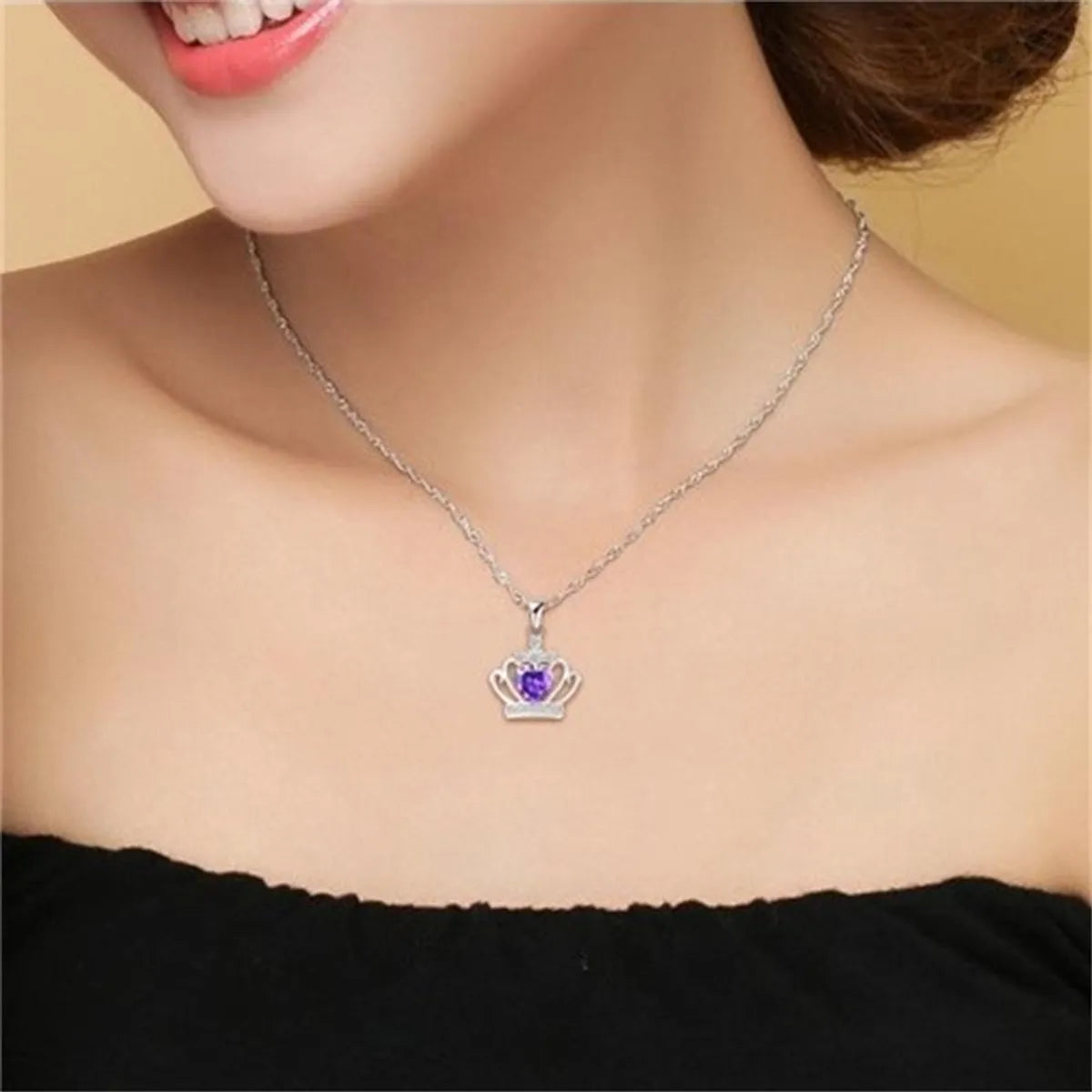 Necklaces With Secure Locks-Elegant Crown Sterling Silver Inlay Zircon Charms Pendant Necklace