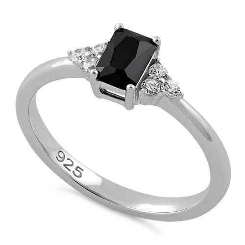 Rings Styling Ideas-Sterling Silver Precious Emerald Cut Black CZ Ring