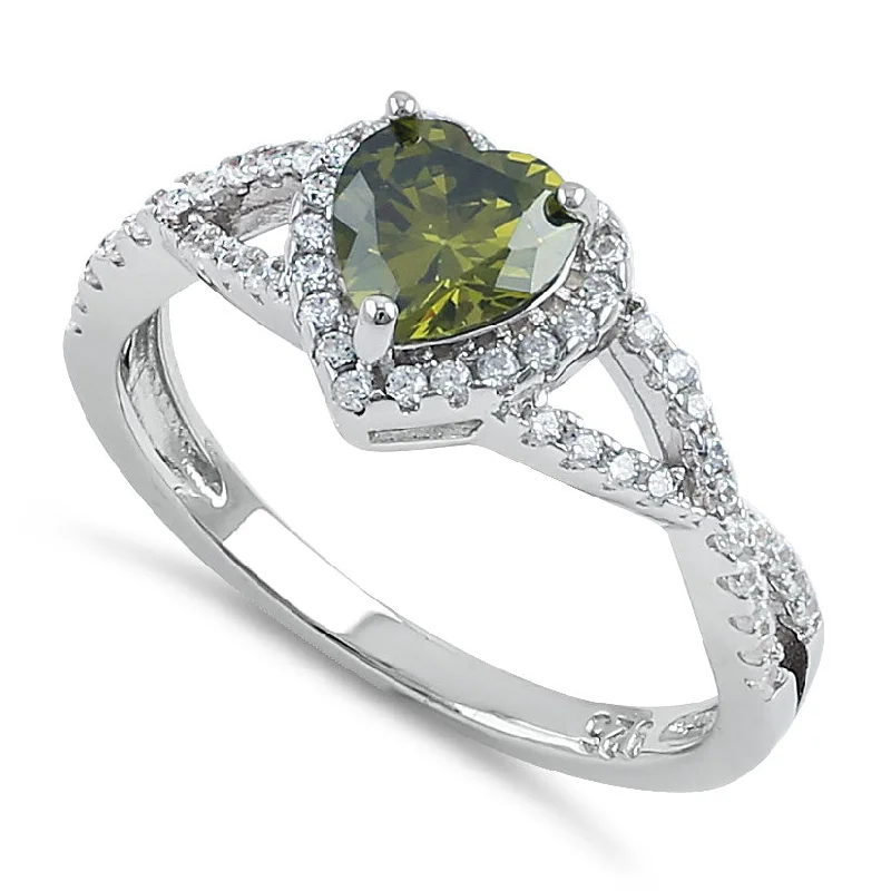 Best Unique Rings-Sterling Silver Heart Halo Twist Peridot CZ Ring