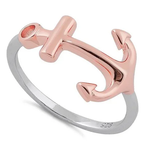 Rings For Soft Style-Sterling Silver Two Tone Rose Gold Plated Anchor Ring