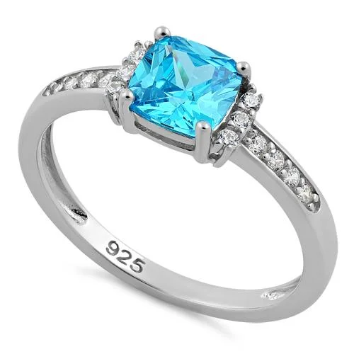 Low Glow Rings-Sterling Silver Cushion Aqua Blue CZ Ring