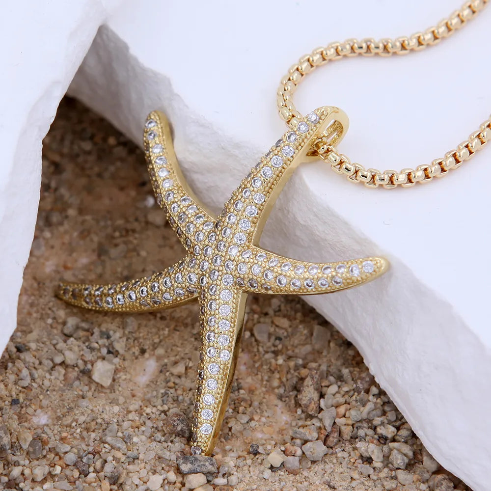 Necklaces Store Guide-Copper 18K Gold Plated Inlay Starfish Zircon Pendant Necklace