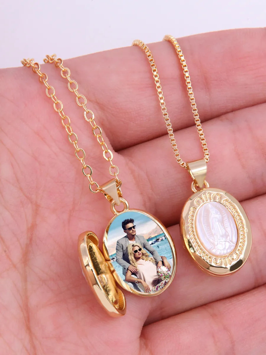 Necklaces For Kids-Vintage Style Oval Copper Plating Inlay Carving Shell 18k Gold Plated Pendant Necklace