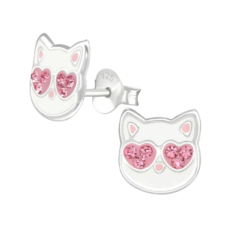 Earrings Size Options-Cat w/ Pink Crystals Stud Earrings in Sterling Silver