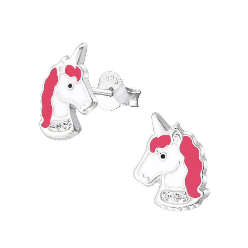 Earrings For Little Girls-Unicorn Stud Earrings w/ Crystals in Sterling Silver