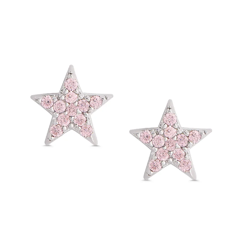 Earrings Wear Tips-Pink CZ Star Stud Earrings in Sterling Silver