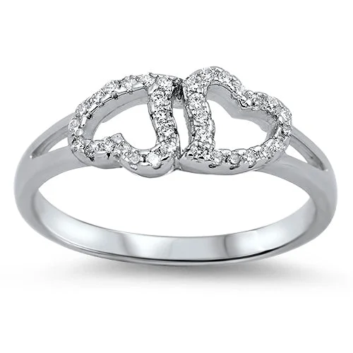 Rings Top Designers-Sterling Silver Double Heart CZ Ring