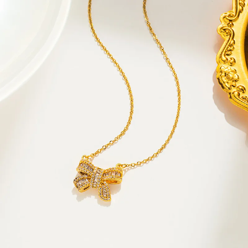 551 Crystal Zirconium Bow Necklace Gold