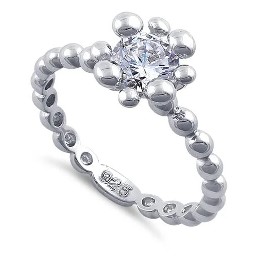 Smooth Rings For Wear-Sterling Silver Beaded Clear Round CZ Ring