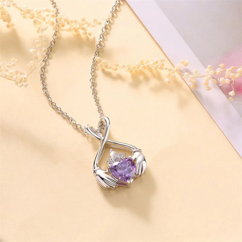 Necklaces With Fun Patterns-Elegant Lady Classic Style Hand Heart Shape Crown Copper Inlay Zircon Pendant Necklace