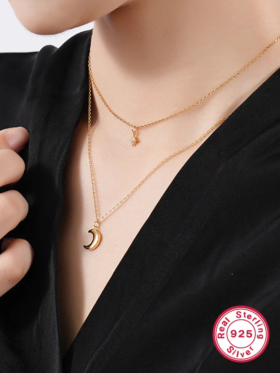 Necklaces For Bold Impact-Elegant Luxurious Hexagram Star Moon Sterling Silver Plating Inlay Zircon 18k Gold Plated White Gold Plated Layered Necklaces