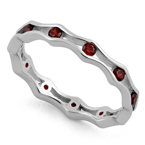 Best Classic Rings-Sterling Silver Wavy Eternity Garnet CZ Ring