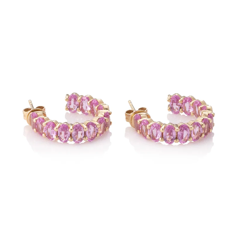 Earrings For Big Nights-Oval Shaped Prong Pink Sapphire Inside Out Hoops