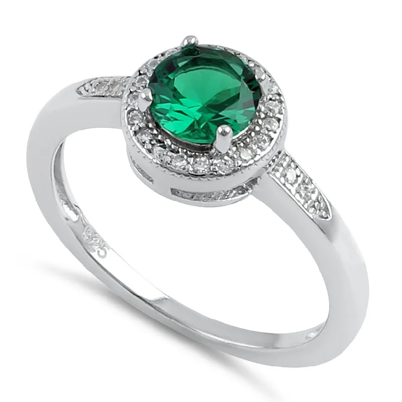 Rings For Public Events-Sterling Silver Elegant Round Halo Green CZ Ring