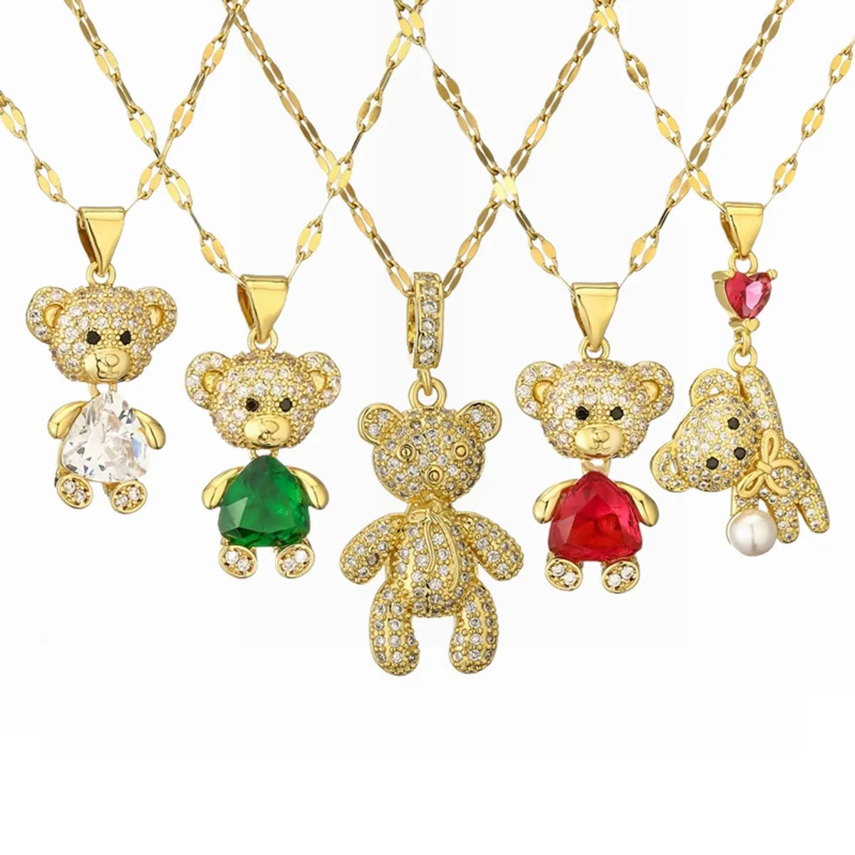 Necklaces For Thin Tops-Cartoon Style Cute Little Bear Stainless Steel Copper Plating Inlay Pearl Zircon Gold Plated Pendant Necklace