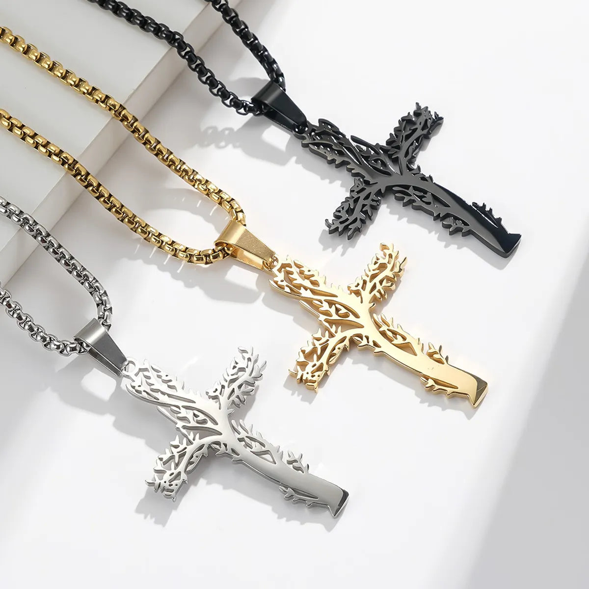 Necklaces For Beach Trips-Fashion Lucky Tree Cross Male And Female Wear Pendant Stainless Steel Necklace