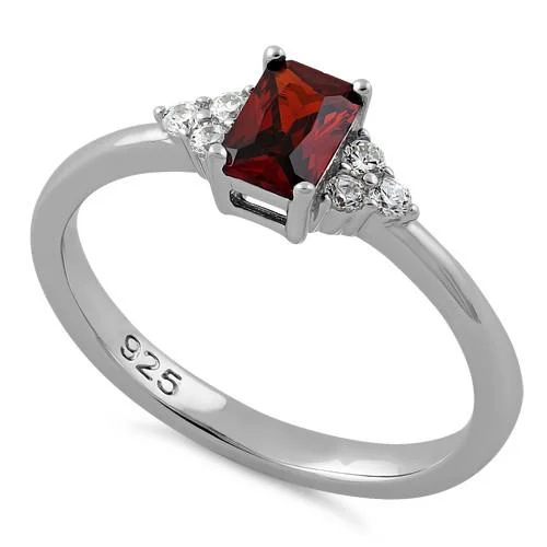 Best Solid Rings-Sterling Silver Precious Emerald Cut Dark Garnet CZ Ring