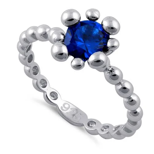 Rings With Band Links-Sterling Silver Beaded Blue Spinel Round CZ Ring