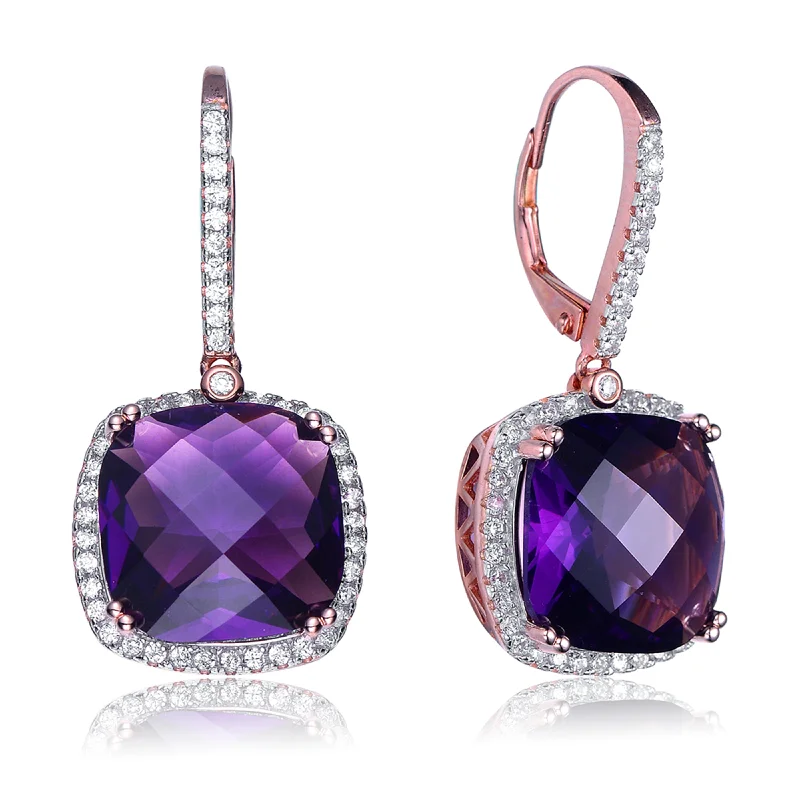 Earrings For Steady Wear-Sterling Silver Purple Cubic Zirconia Square Drop Earrings