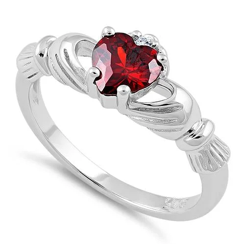 Rings For Wide Styles-Sterling Silver Claddagh Garnet CZ Ring