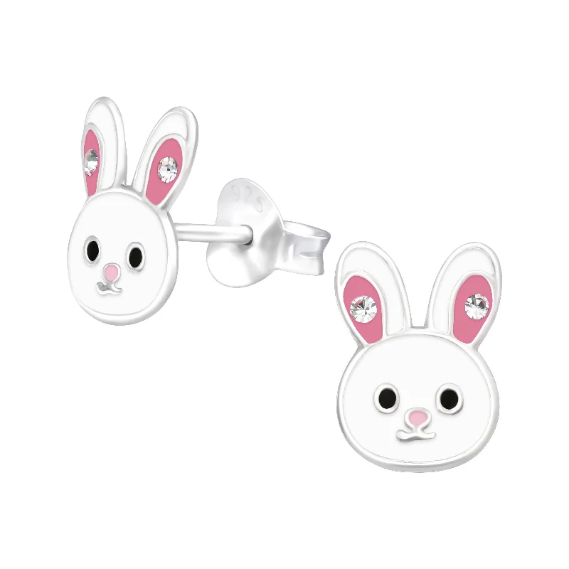 Earrings For Adults-Bunny Rabbit Stud Earrings w/Crystal in Sterling Silver