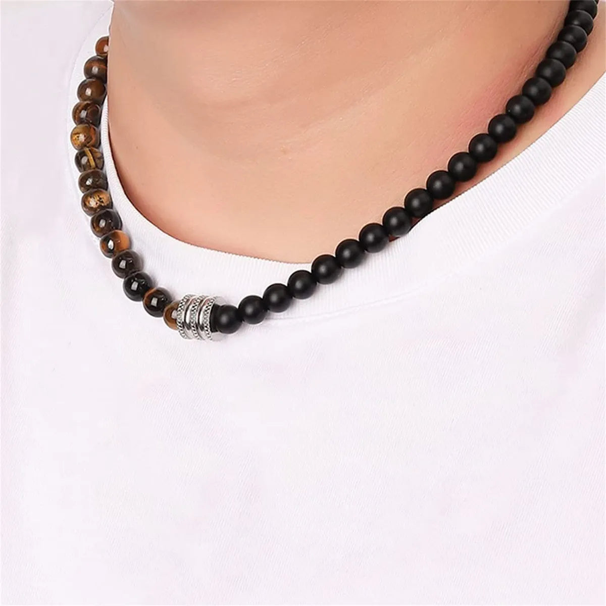 Thin Necklaces For Grace-Simple Style Round Natural Stone Beaded Men'S Necklace