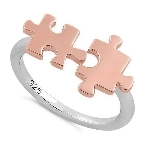 New Vibe Rings-Sterling Silver Two Tone Rose Gold Plated Jigsaw Puzzle Pieces Ring