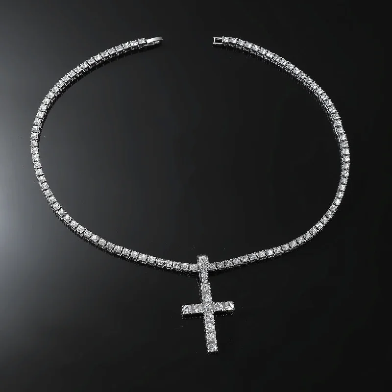 Silver (Cross)-with 0.4 * 50cm Single Row Diamond Watch Buckle Necklace