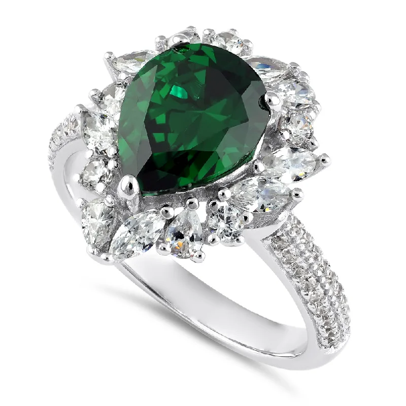 Rings Wear Advice-Sterling Silver Extravagant Pear Cut Emerald CZ Halo Ring