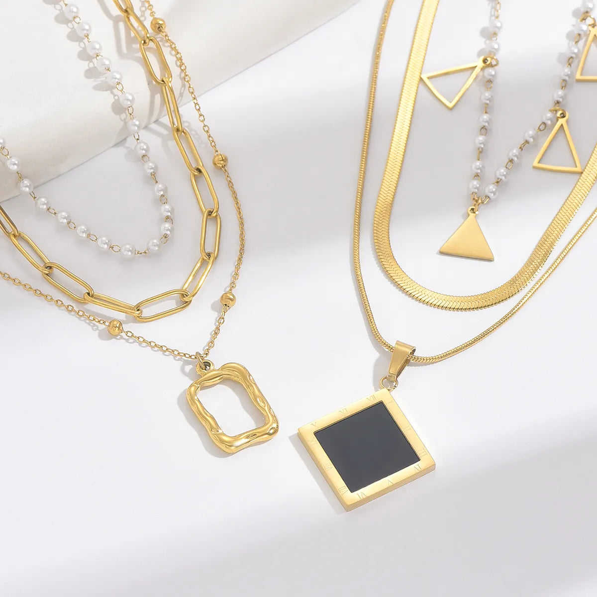 Necklaces For Subtle Glow-Elegant Simple Style Roman Style Triangle Square Roman Numeral Stainless Steel Pearl Plating Inlay Acrylic 14k Gold Plated Three Layer Necklace