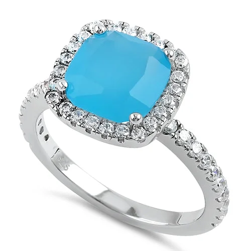 Rings With Fun Patterns-Sterling Silver Cushion Cut Light Blue Cloudy Glass and Clear CZ Ring