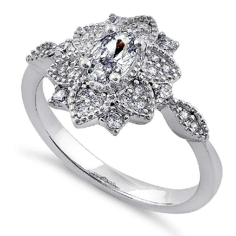 Rings Comfort Tips-Sterling Silver Ornate Flower Oval & Round CZ Ring