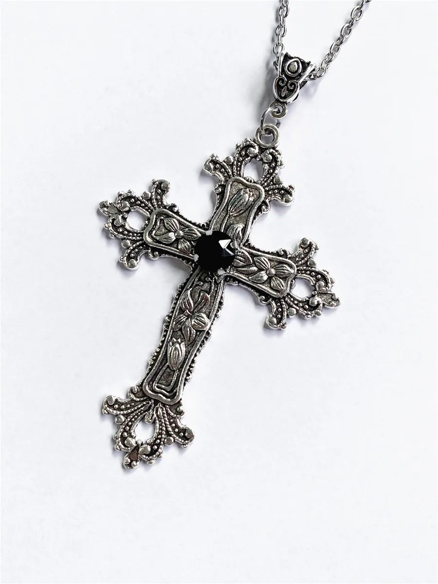 Necklaces For Hot Days-Retro Punk Cross Alloy Inlay Gem Unisex Pendant Necklace