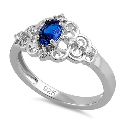 Rings Shine Rating-Sterling Silver Blue CZ Vintage Design Ring