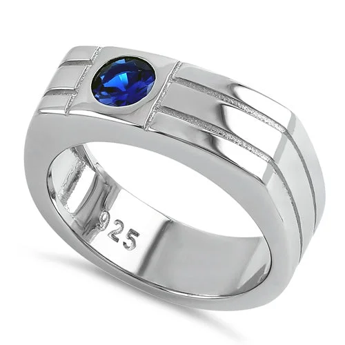 Rings With Stacked Style-Sterling Silver Men's Blue CZ Ring