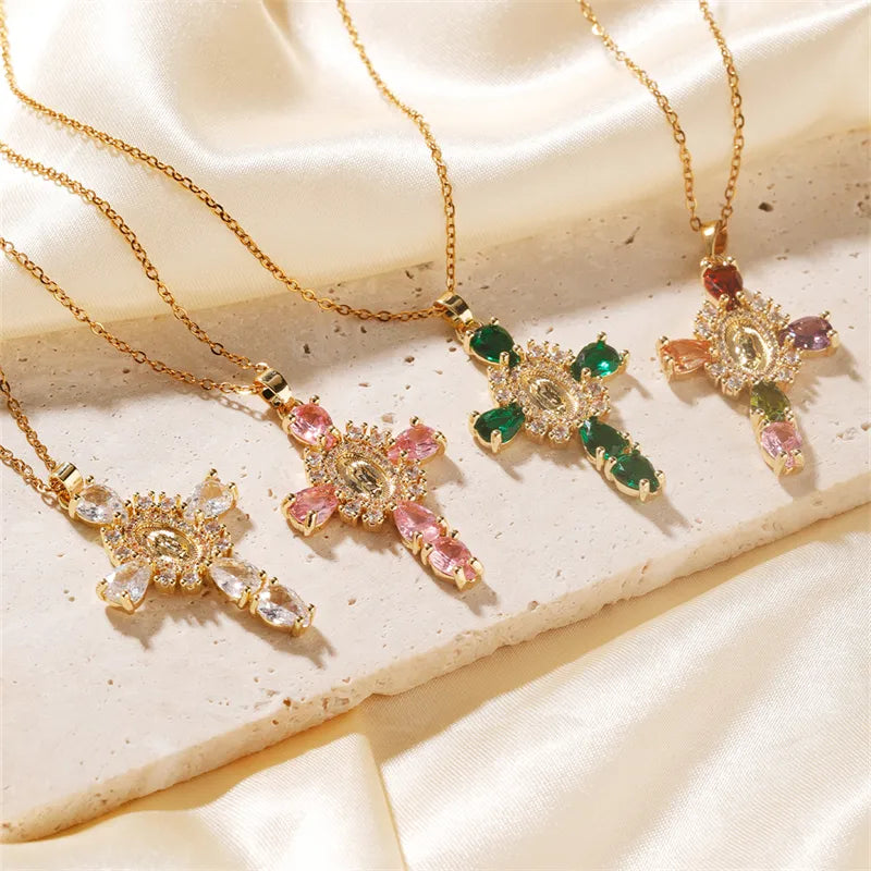 Best Fresh Necklaces-304 Stainless Steel Copper K Gold Plated Classic Style Shiny Plating Inlay Cross Zircon Necklace